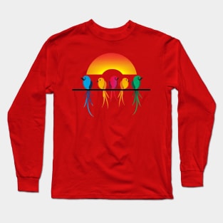 A design featuring a group of colorful birds perched on a wire, with a sunset or sunrise in the background. Long Sleeve T-Shirt